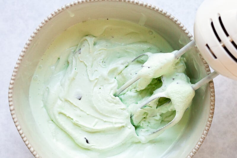 hand mixer sitting in a bowl of mint chocolate chip ice cream