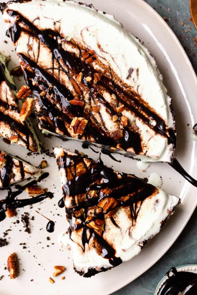 close up on an ice cream pie sliced into pieces