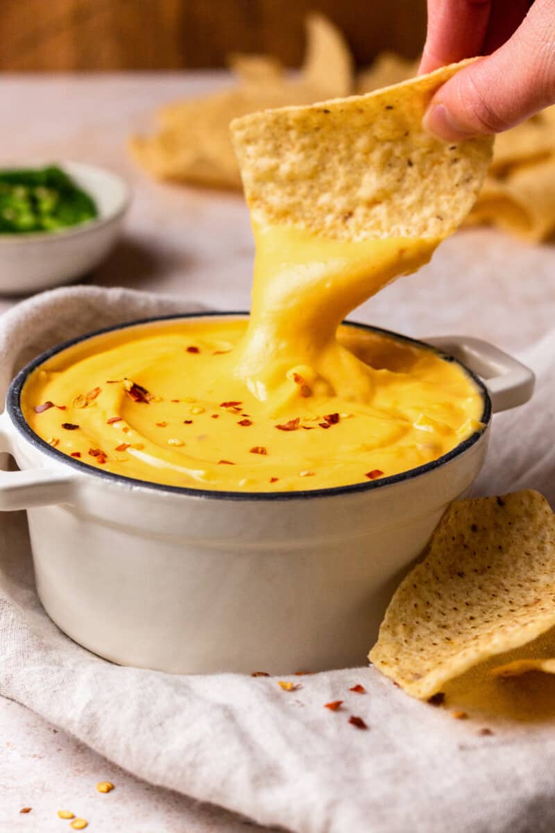 nacho cheese sauce with tortilla chips
