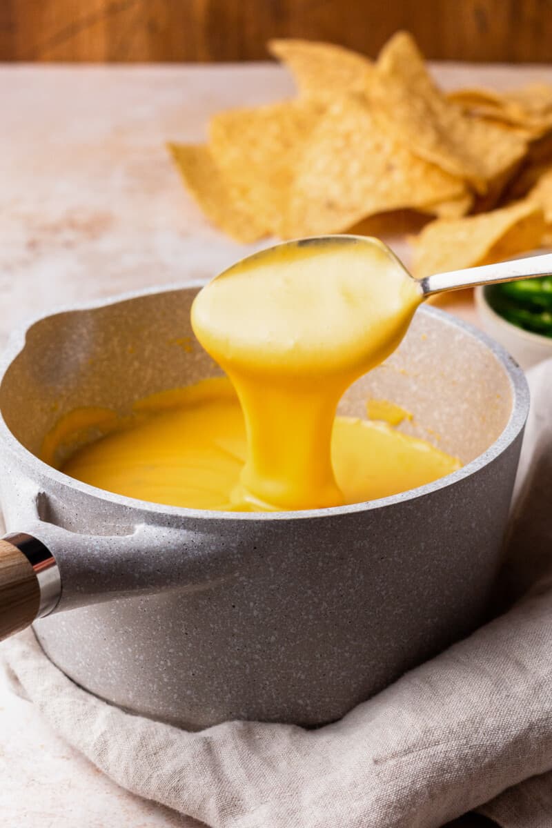 spoon dipping into a pot of cheese sauce