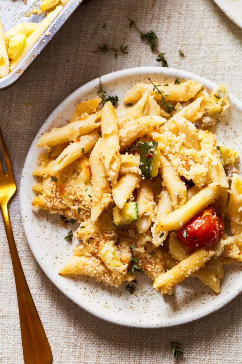 close up on a plate of pasta with cream cheese sauce