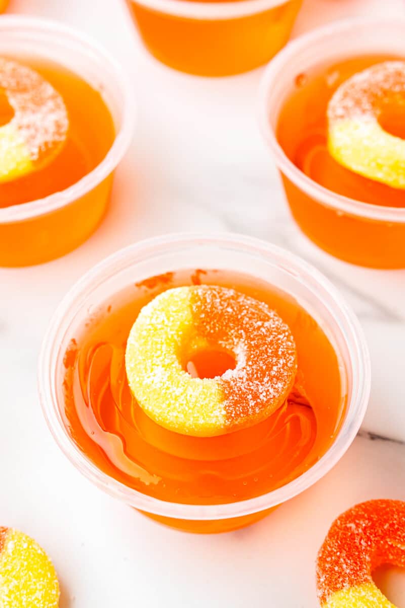 close up of peach jello shots with peach rings.