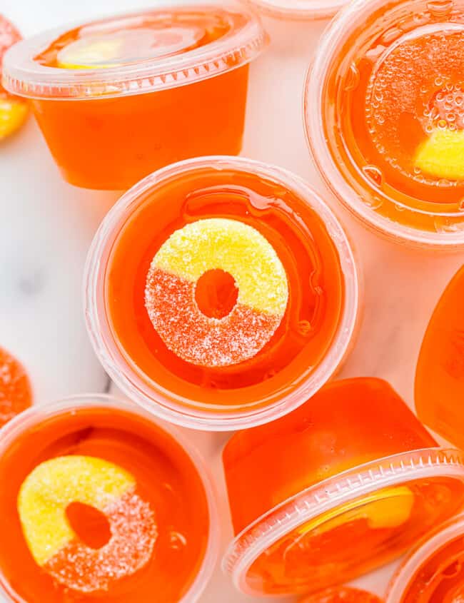 peach jello shots with peach rings.