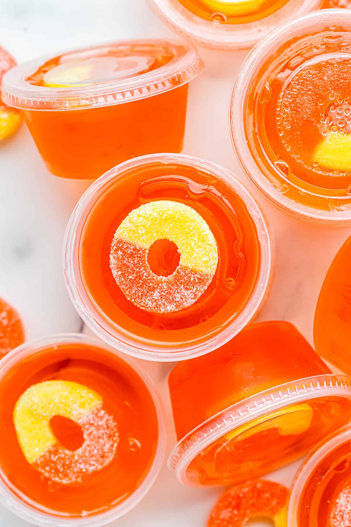 peach jello shots with peach rings.