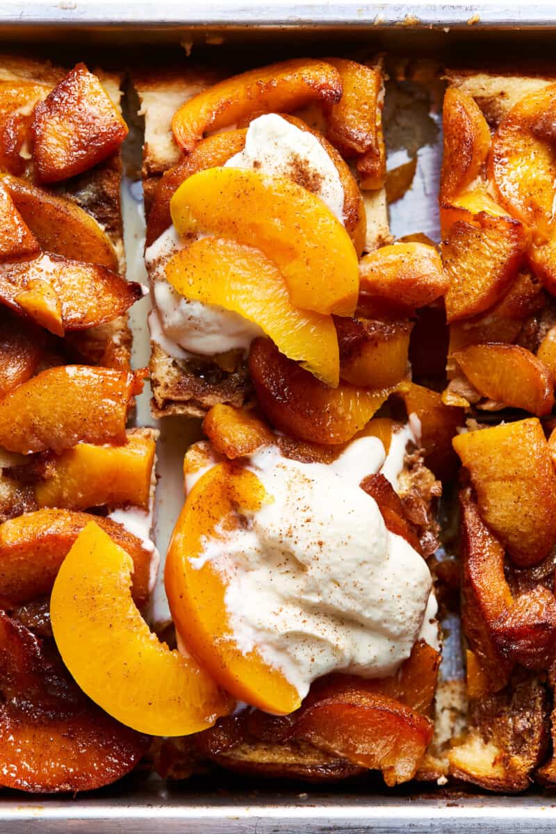 pieces of overnight french toast in a baking dish