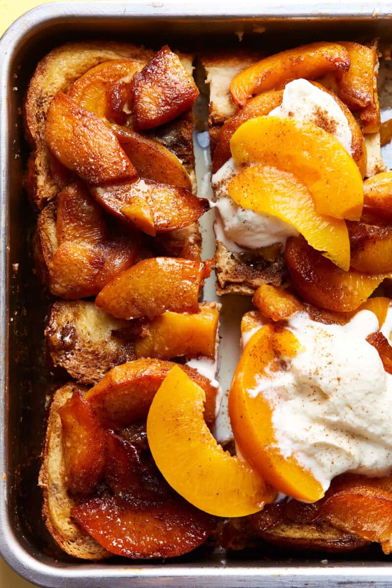 close up on baked french toast in a casserole dish