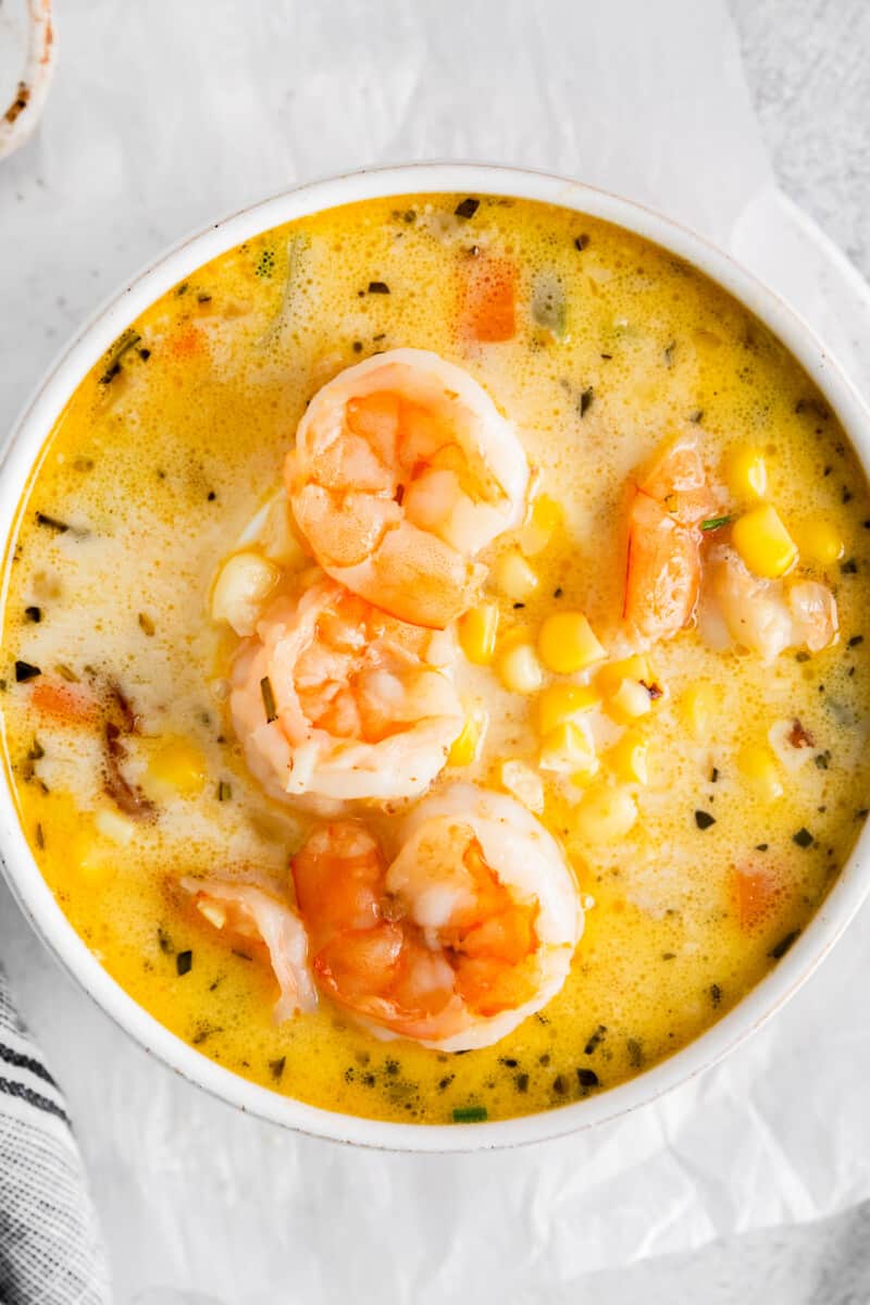 shrimp corn chowder in a white bowl.