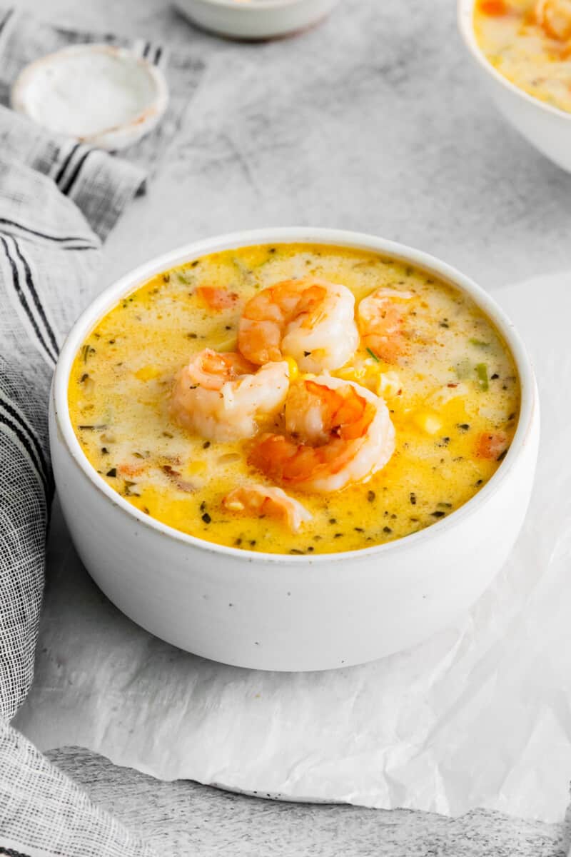 shrimp corn chowder in a white bowl.