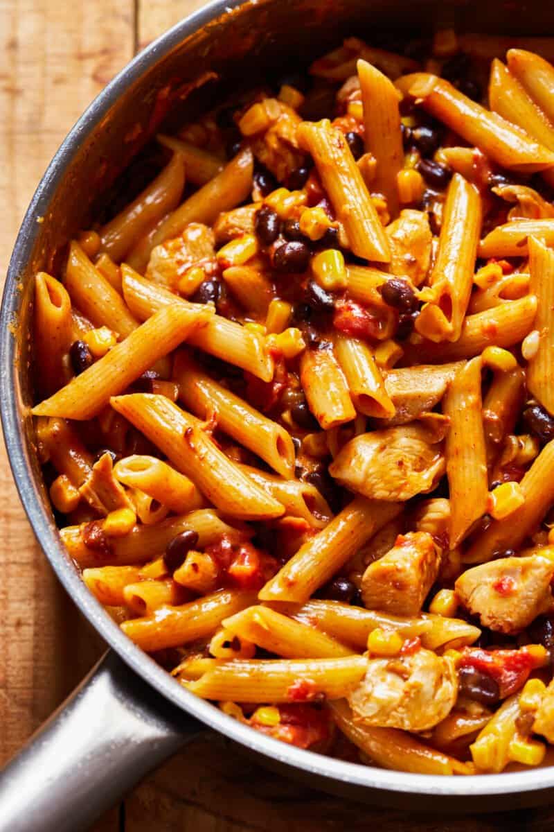 southwest chicken alfredo penne in a skillet