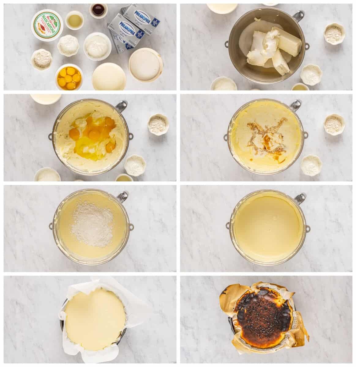 step by step photos for how to make basque cheesecake.