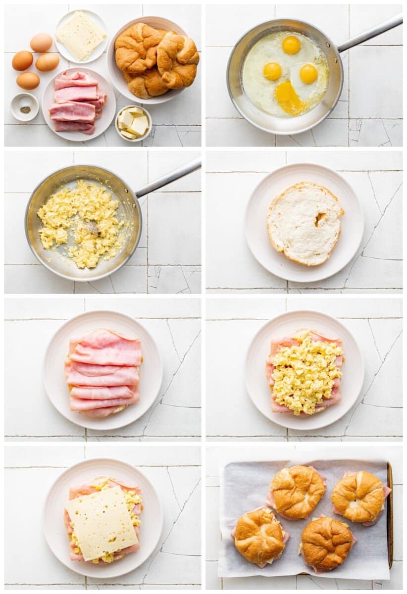 step by step photos for how to make croissant breakfast sandwiches.