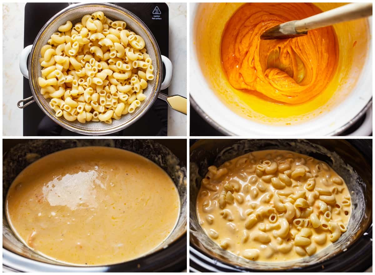 how to make crockpot mac and cheese step by step collage