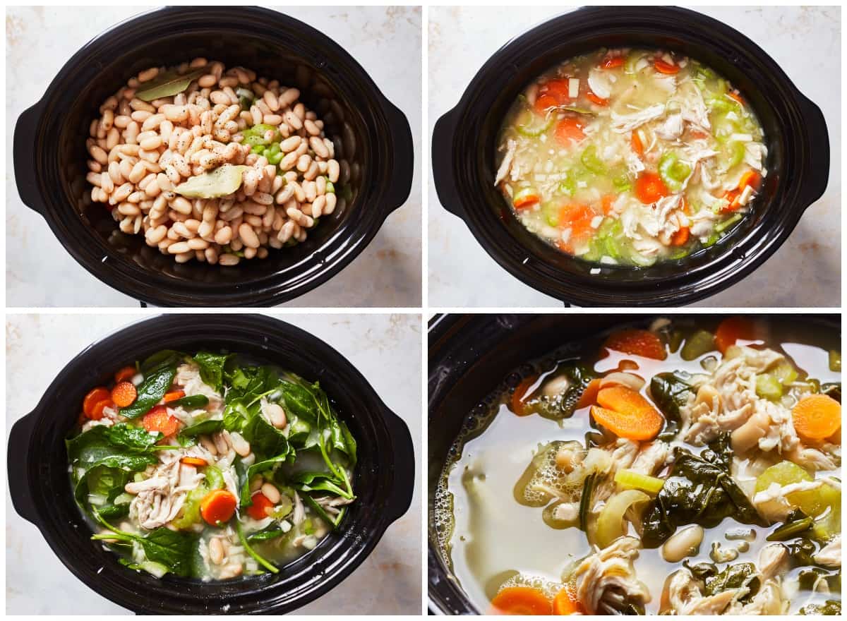how to make tuscan chicken soup in a crockpot step by step collage