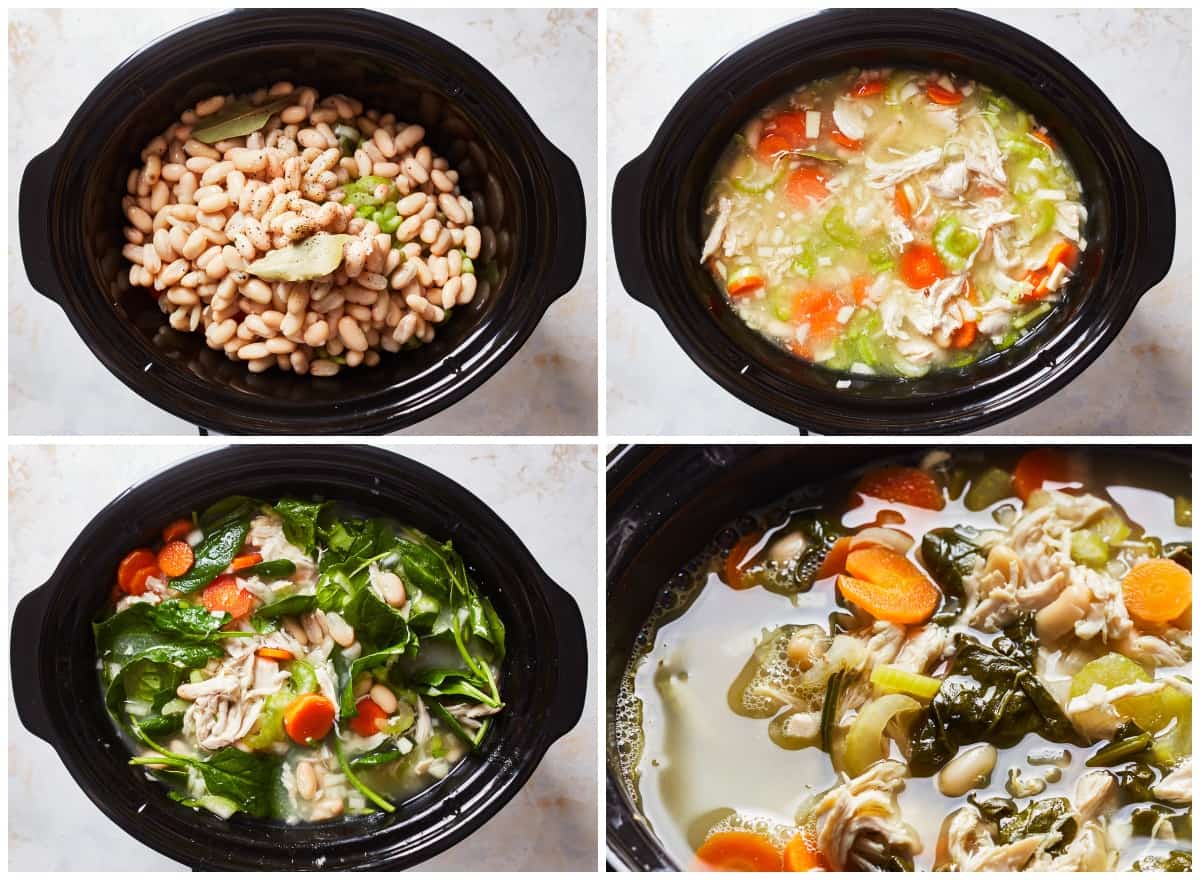 Tuscan Chicken Soup is something that you can enjoy year-round. This crockpot chicken soup recipe is so delicious and so simple. An easy Tuscan Soup to make at home, filled with so many good ingredients. how to make tuscan chicken soup in a crockpot step by step collage
