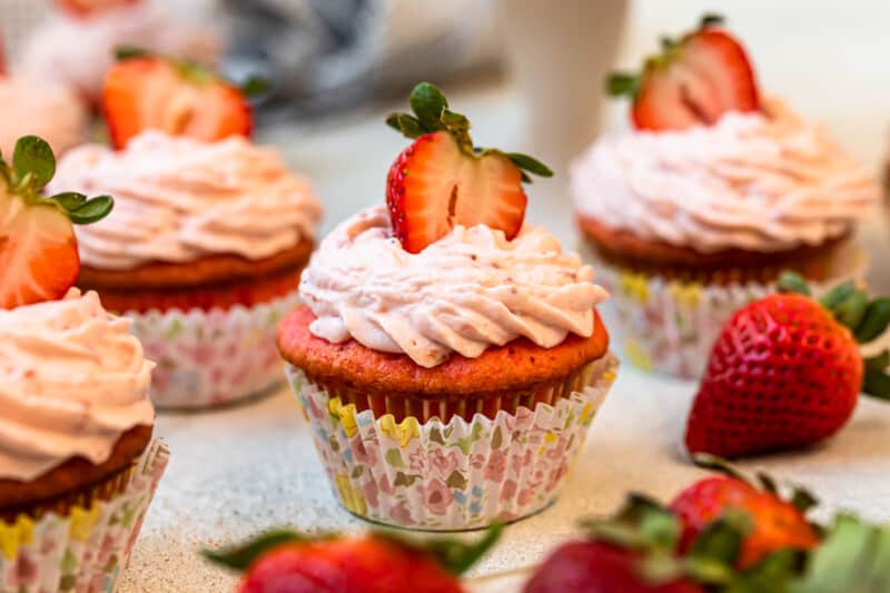 strawberry cupcakes in colorful cupcake wrappers.