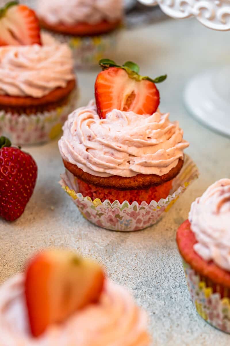 strawberry cupcakes in colorful cupcake wrappers.