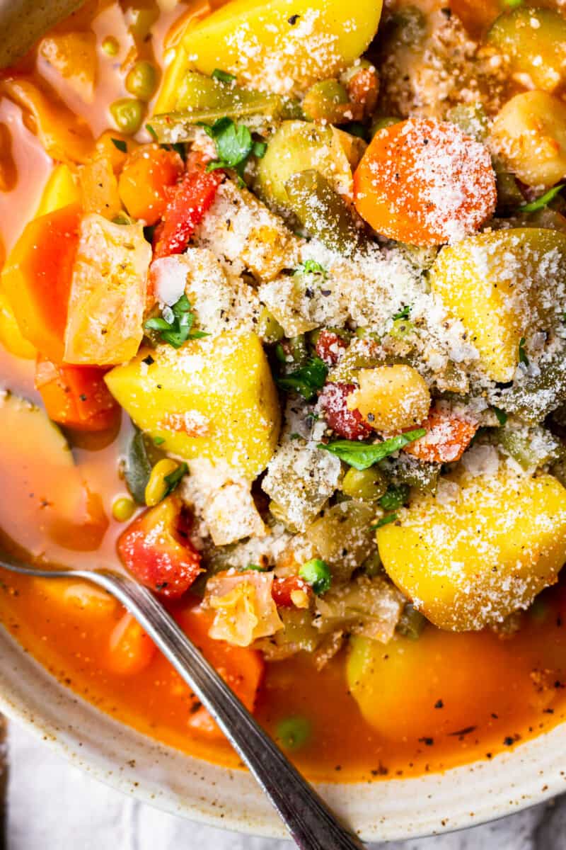 close up on a bowl of chunky vegetable soup