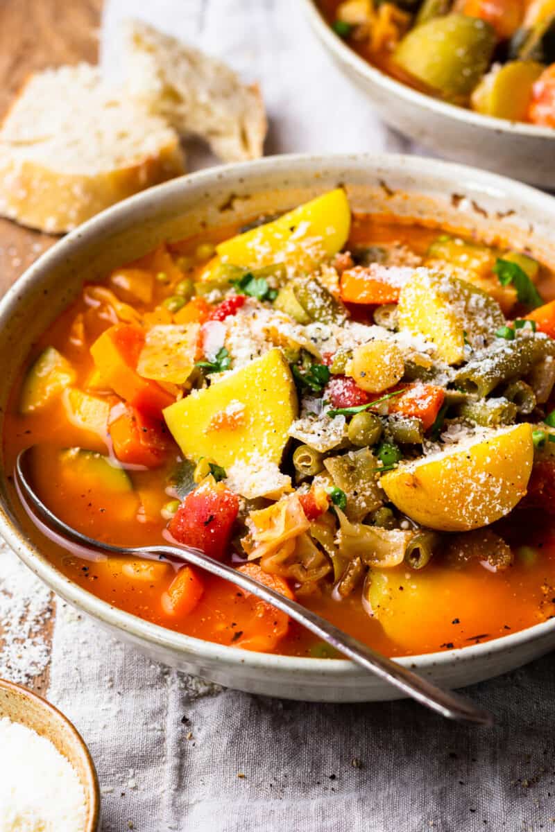 a bowl of vegetable soup filled with carrots, potatoes, cabbage, and more