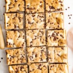 chocolate chip cheesecake bars cut into squares