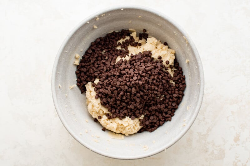 cookie dough and chocolate chips in a bowl