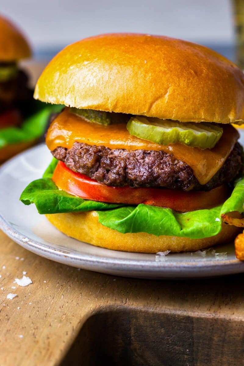 air fryer cheeseburger on a plate