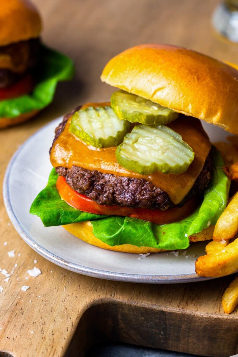 air fried hamburger with lettuce tomato, cheese, and pickles