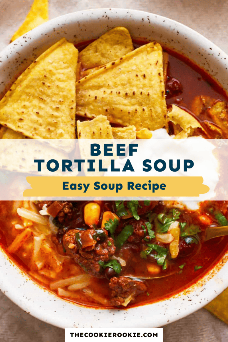 Beef tortilla soup with tortilla chips cooked in a crockpot.