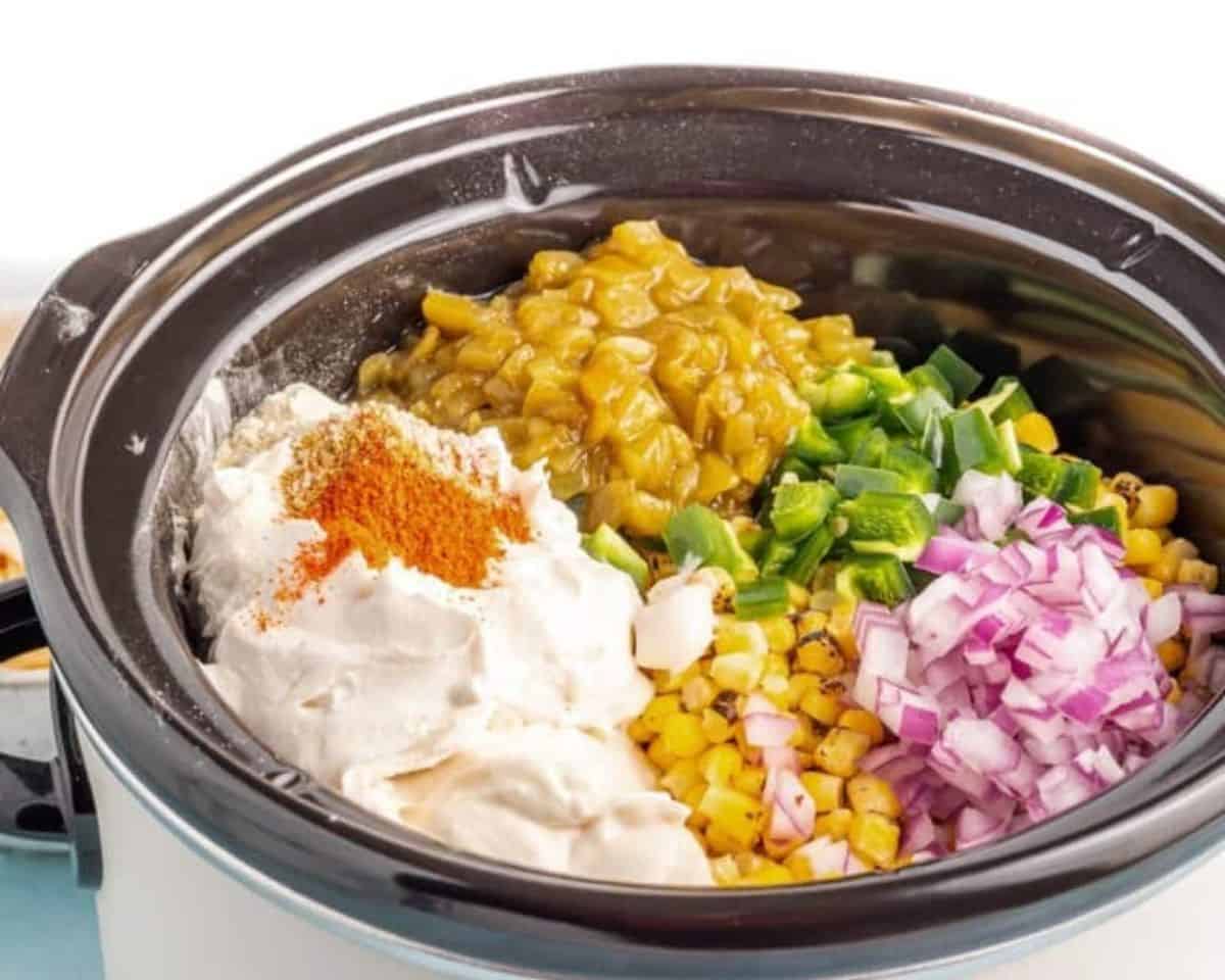 Ingredients for crockpot corn dip in a crockpot.