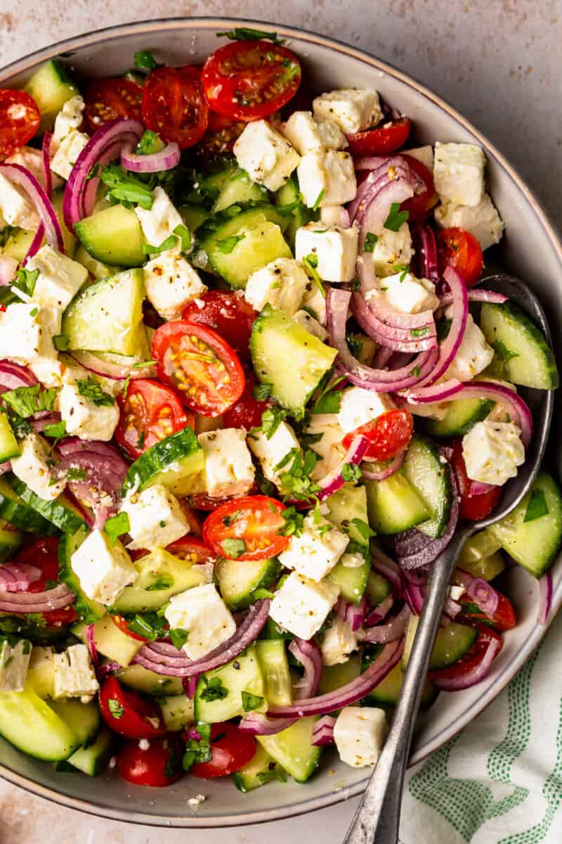 chopped cucumbers, tomatoes, onions, and cubed of feta tossed in a lemon pepper dressing