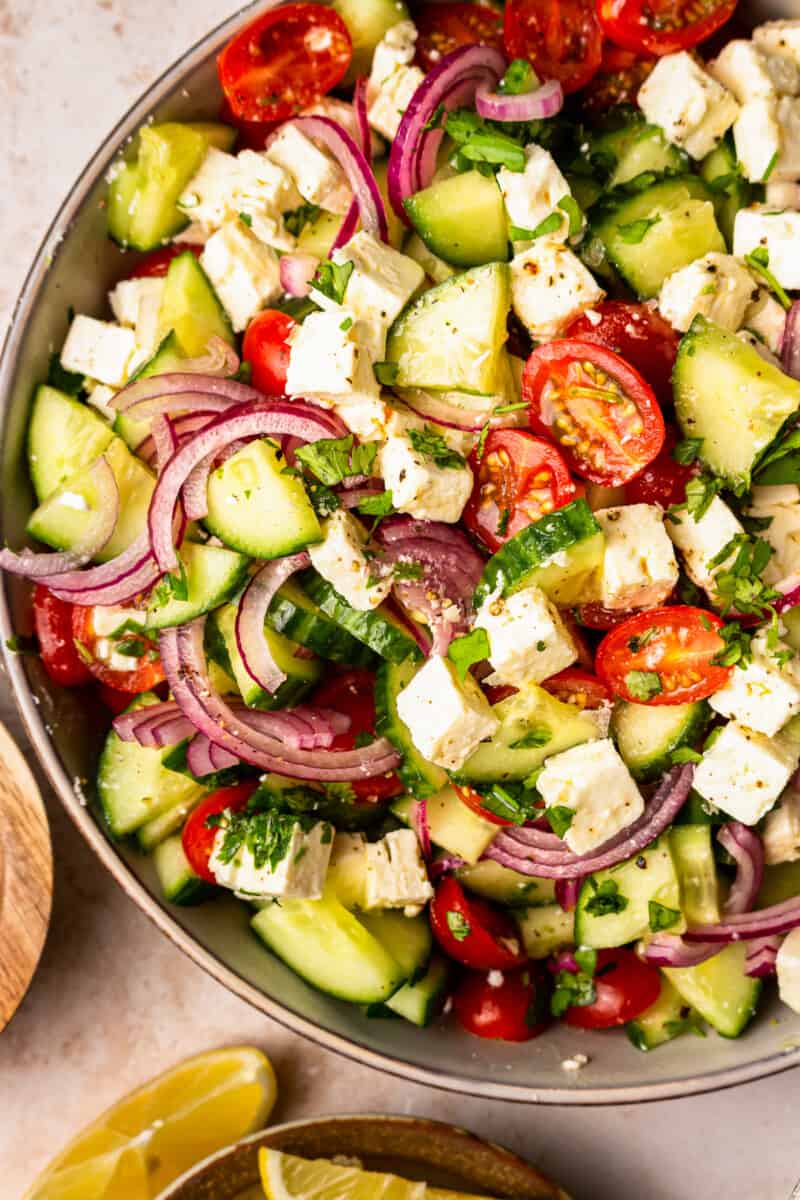 close up on a bowl of fresh chopped salad