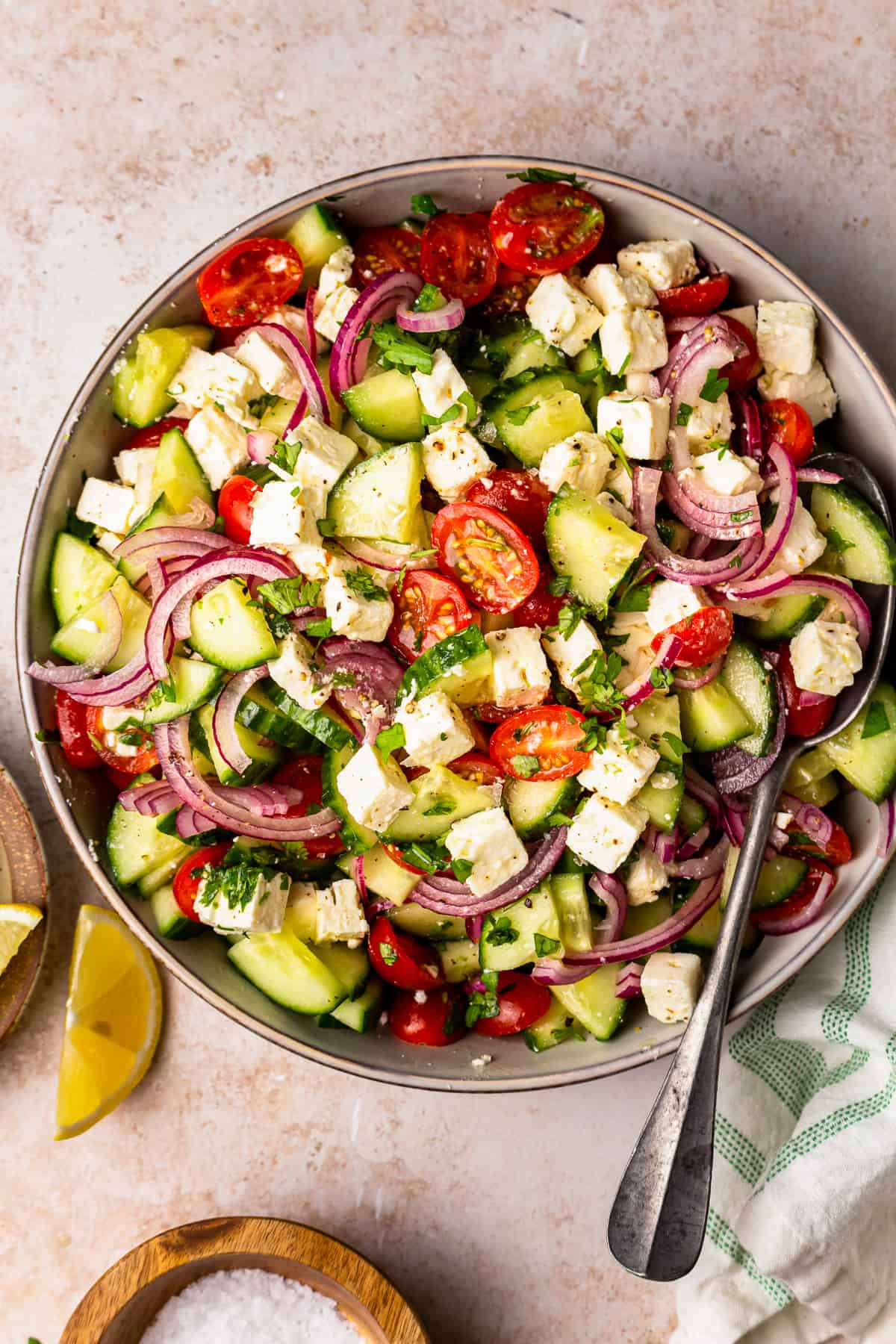cucumber, tomato, onion, and feta salad