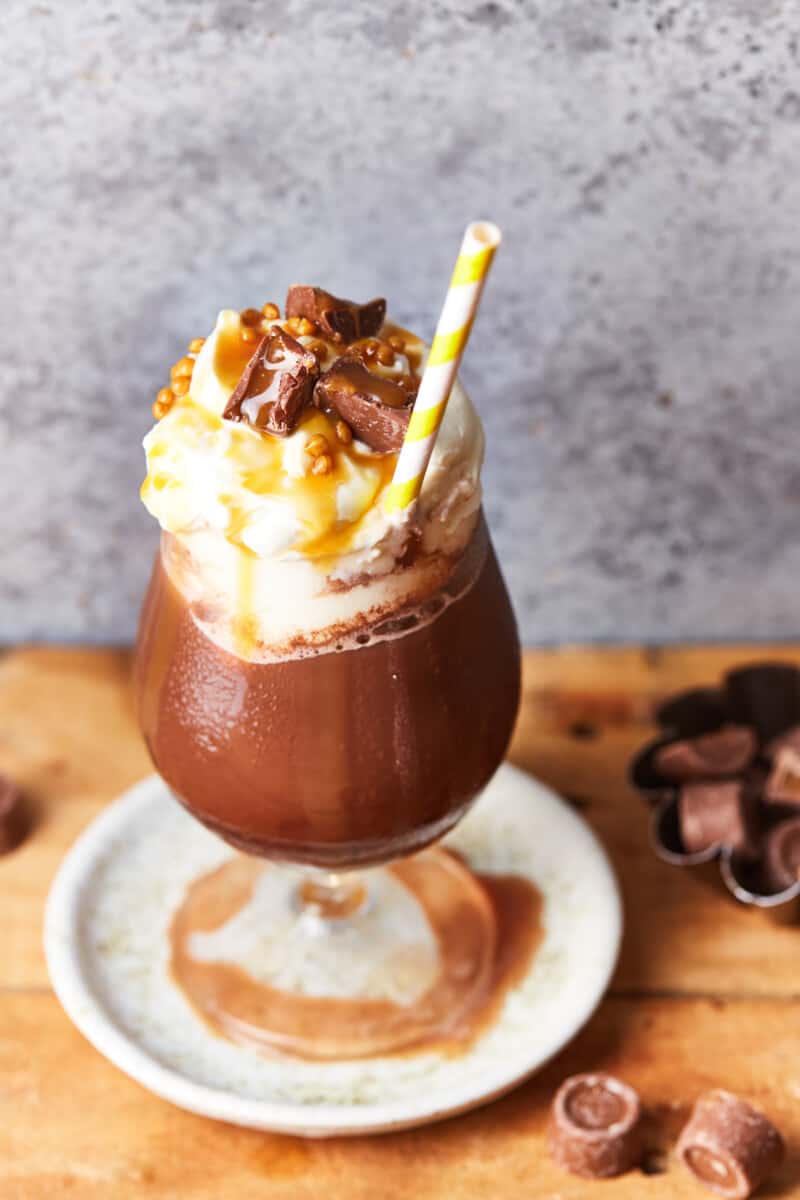 frozen caramel hot chocolate in a glass