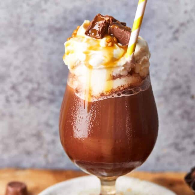 frozen hot chocolate with caramel in a glass