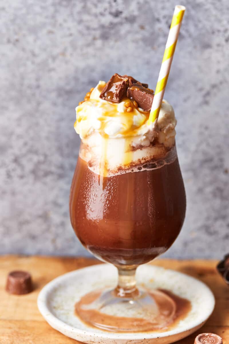 frozen hot chocolate with caramel in a glass