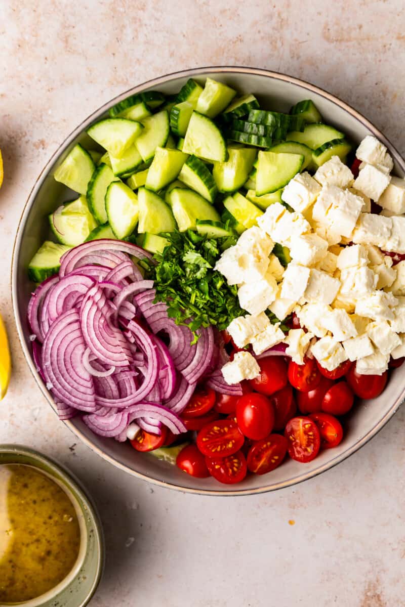 large bowl filled with cucumbers, tomatoes, onions, and feta