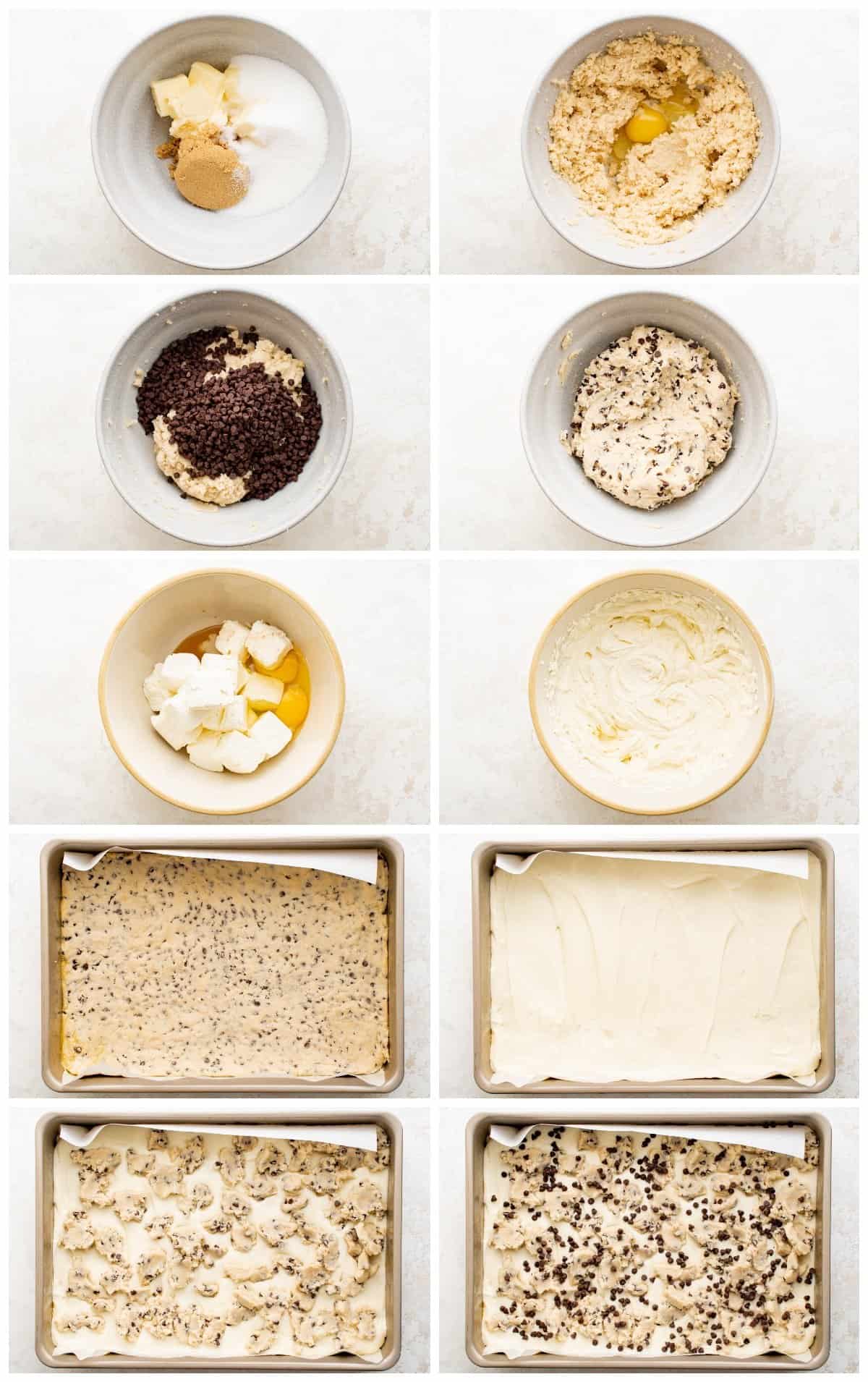 how to make chocolate chip cheesecake bars step by step photo collage