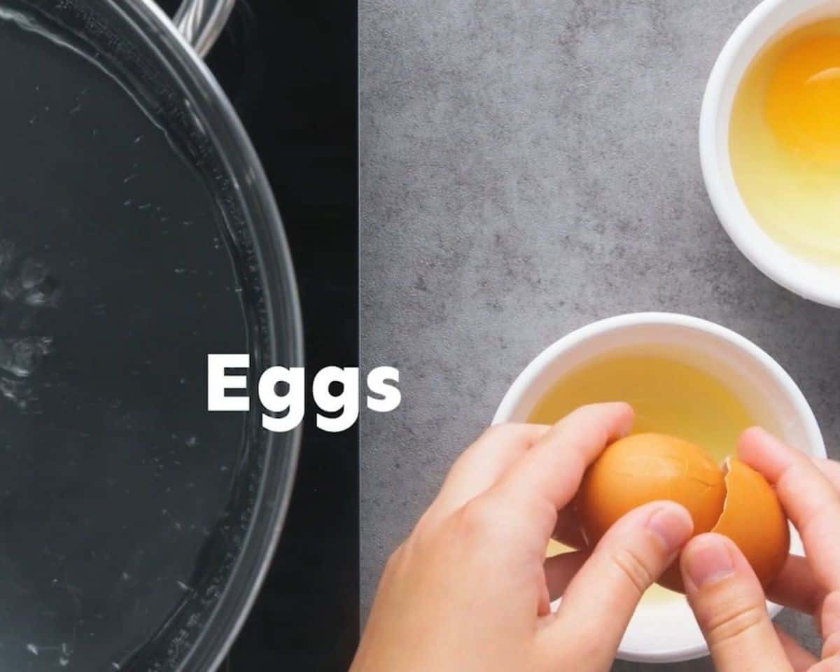 Cracking eggs into a ramekin and a pot of boiling water. 