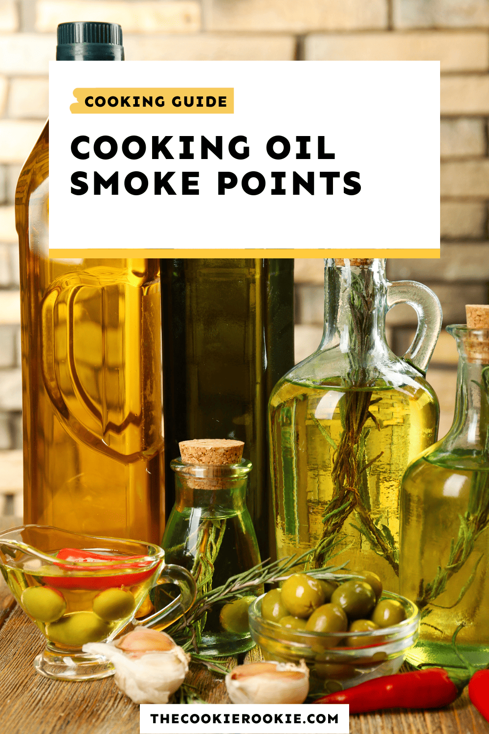 an array of cooking oils in various glass jars, with text overlay that reads: cooking oil smoke points.