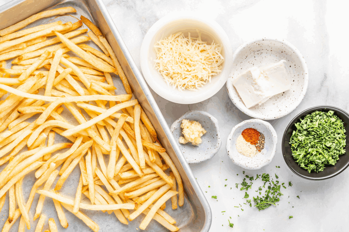 Ingredients to make garlic Parmesan fries. 