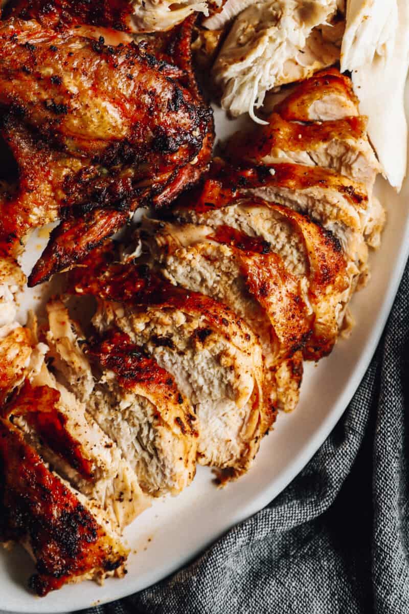 close up on a plate of sliced, grilled chicken