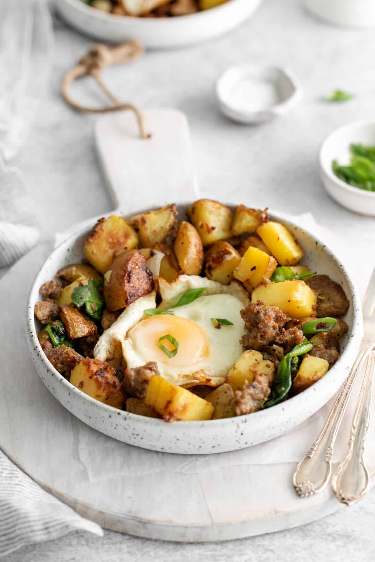 breakfast hash in a white bowl.