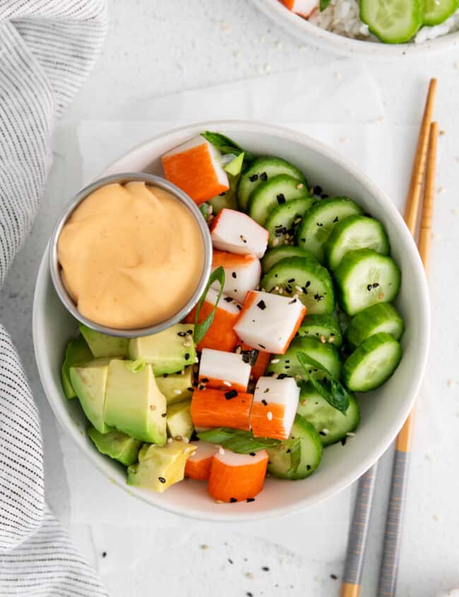 deconstructed California roll served in a bowl