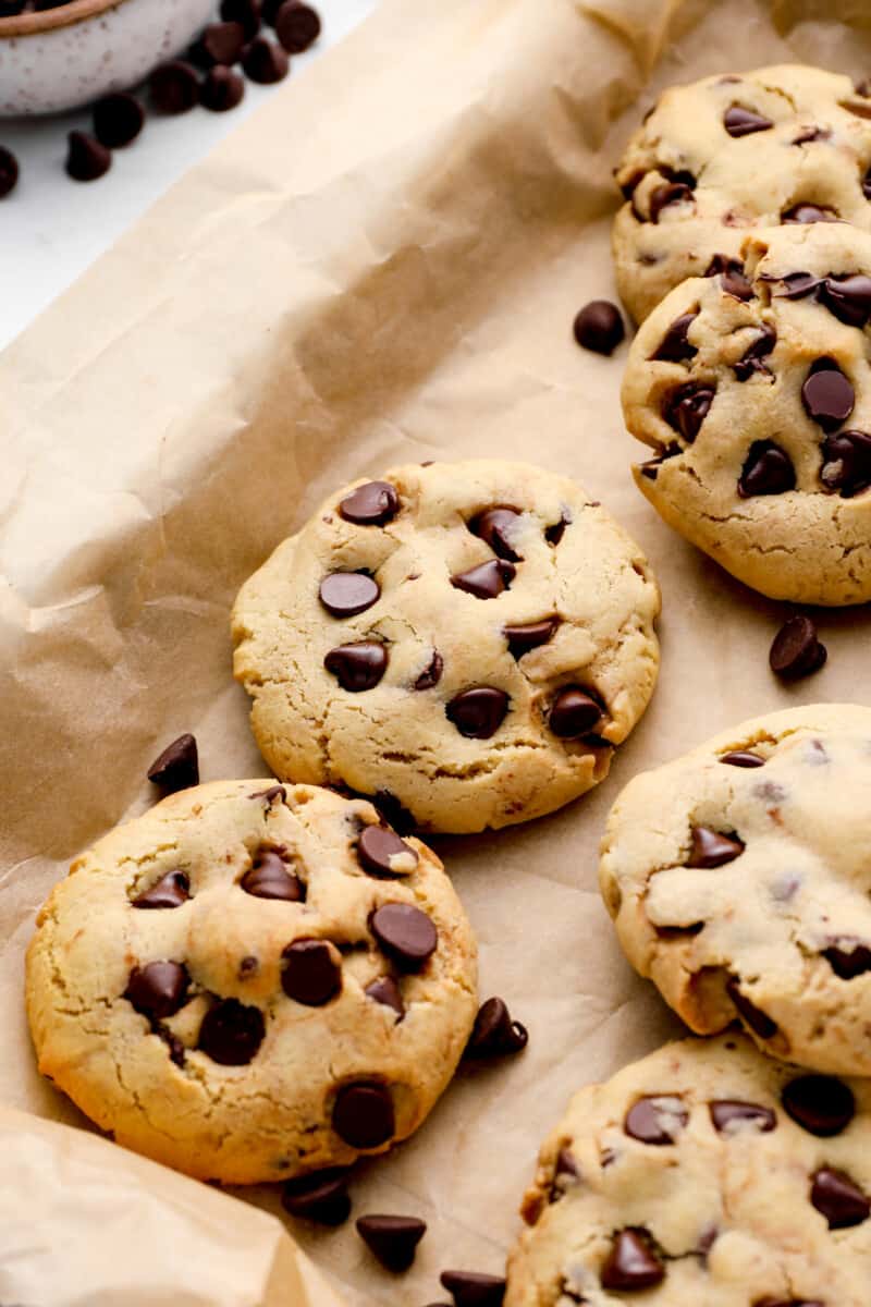 chocolate chip caramel cookies on a baking tray