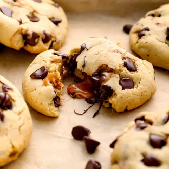 chocolate chip cookies stuffed with caramel