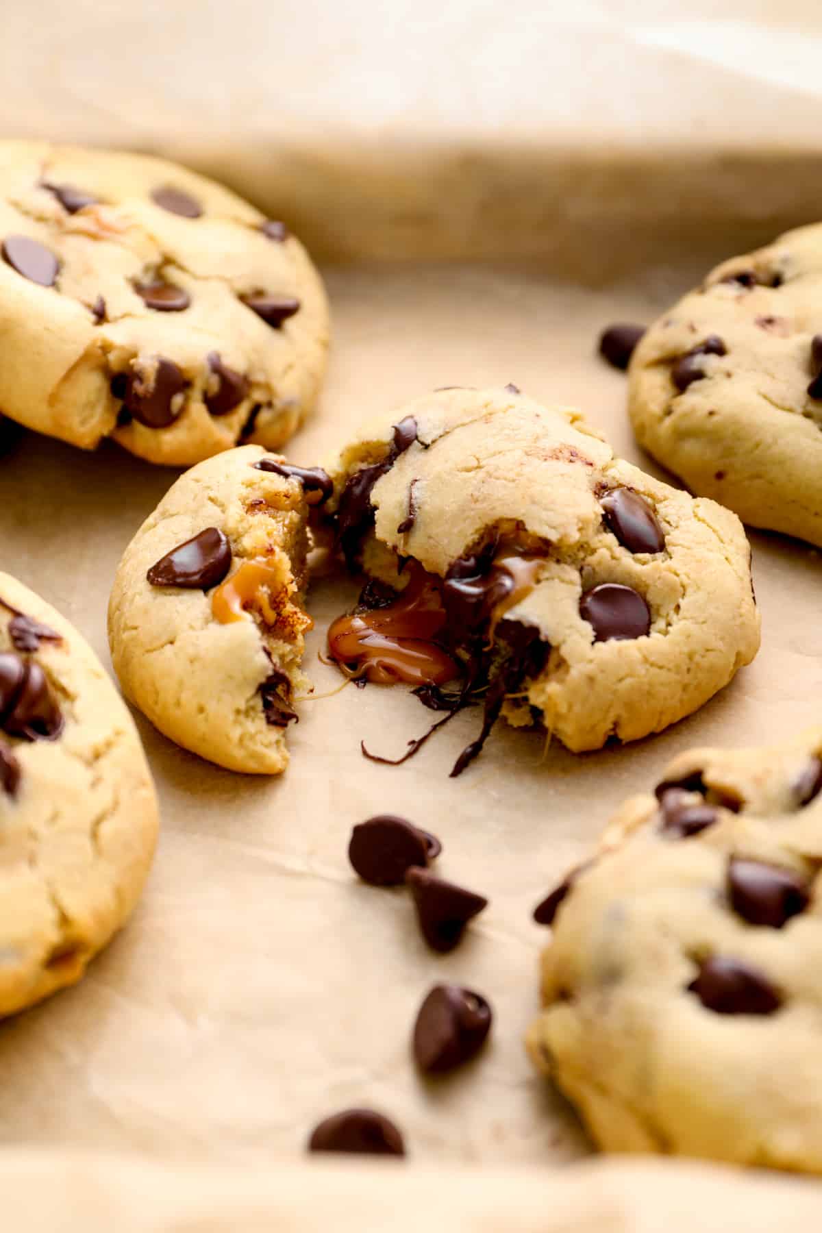 chocolate chip cookies stuffed with caramel