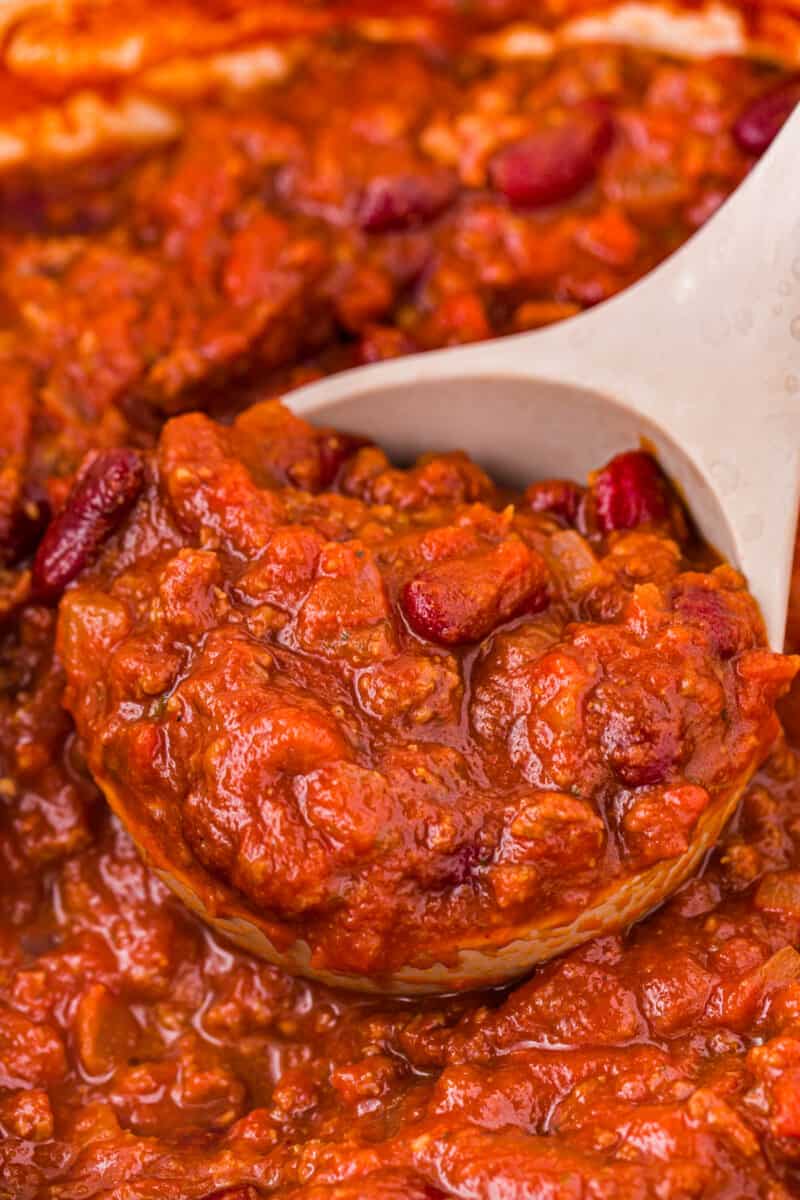 close up of a spoonful of chili con carne.