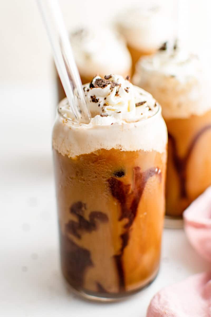 iced chocolate mocha in a glass with a glass straw