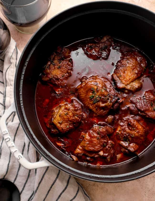 coq au vin in a dutch oven