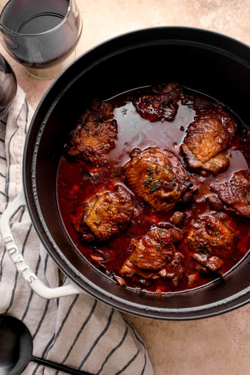 coq au vin in a dutch oven