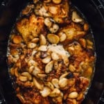 overhead view of 40 clove garlic chicken in a crockpot